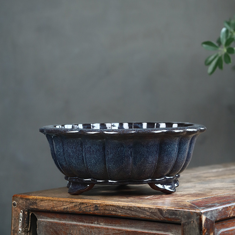 秦夕洪大号紫砂花盆精品均釉菱花老桩盆栽提根古典松柏地面盆景盆