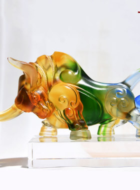 琉璃工艺品牛气冲天公司开业上市定制刻字礼品股市牛势水晶牛摆件