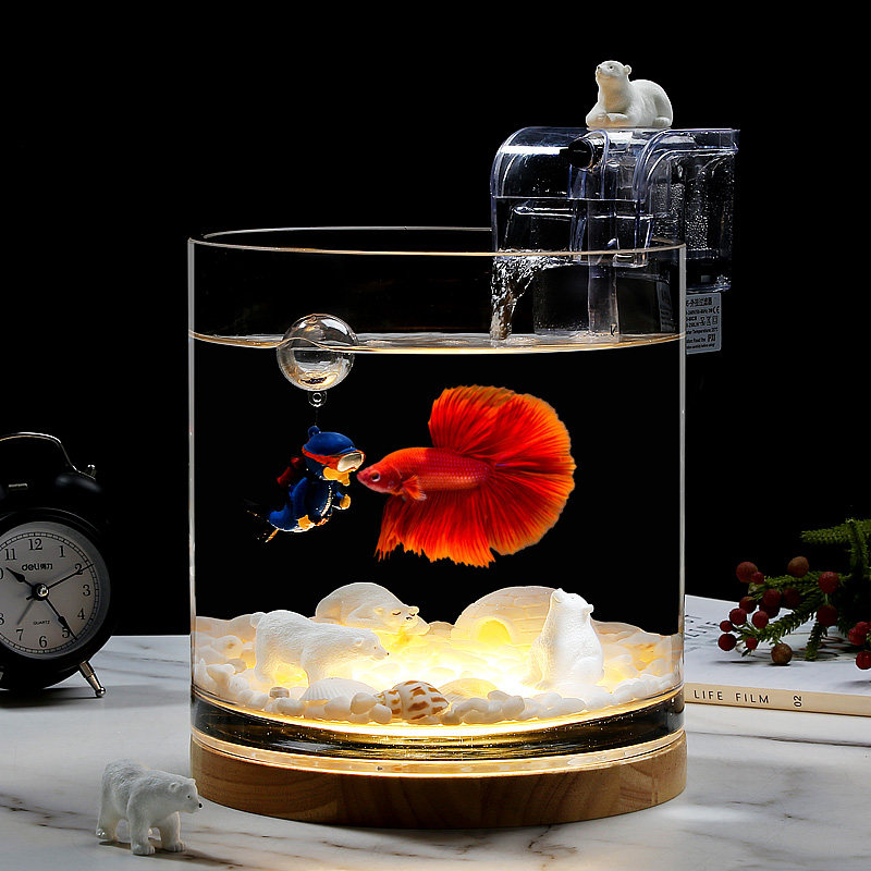 超白加厚玻璃圆柱形缸客厅家用办公桌面鱼缸小型免换水斗鱼专用缸