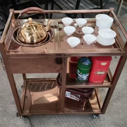 餐厅移动泡茶车桌边茶水柜酒楼不锈钢茶水车酒水车玫瑰金桌服务车