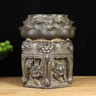 中式复古青石雕刻摆件 莲花兽头石鼓墩 花盆底座石柱老石头旧石墩