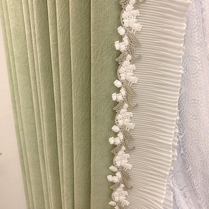 2023新款雪尼尔遮光窗帘奶油色牛油果绿色定制窗帘蕾丝窗纱纱帘