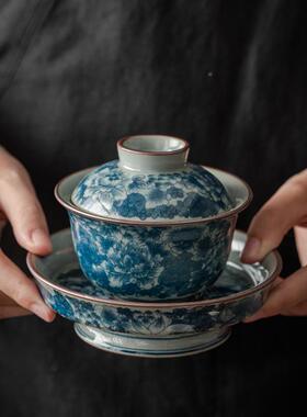 陶泥仿古青泡花陶瓷盖老碗壶承高DBE端复古茶手抓碗功夫茶碗大号