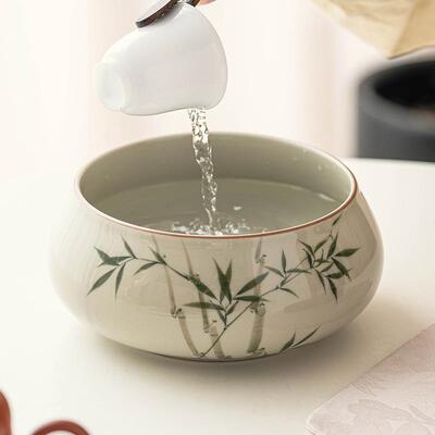手绘翠绿文茶竹茶洗建草木灰高档水具配件茶70072海水盂号特大大