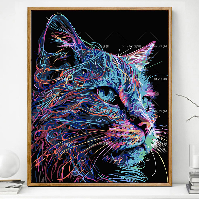 彩色绚丽猫画画diy数字油画填充填色抽象彩板手工手绘解压油彩画