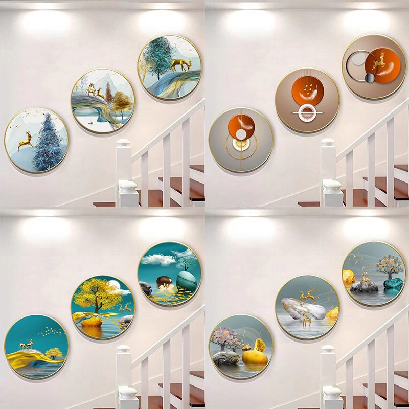 圆形别墅楼梯复式楼墙面装饰画客厅沙发背景墙壁画楼梯间玄关挂画