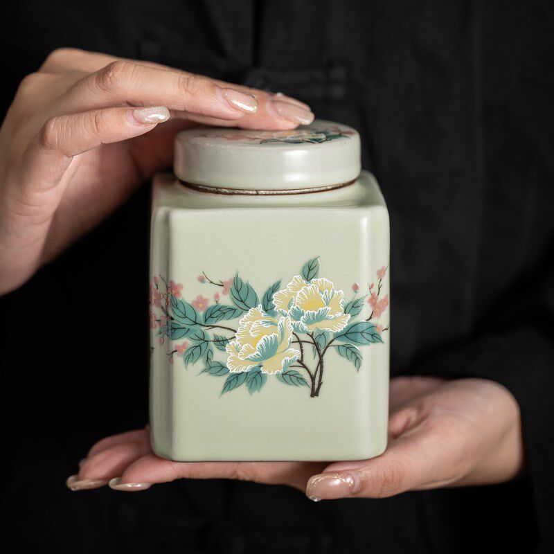 汝窑小号装茶罐子手绘陶瓷密封罐绿茶红茶储存罐茶叶空礼盒包装盒