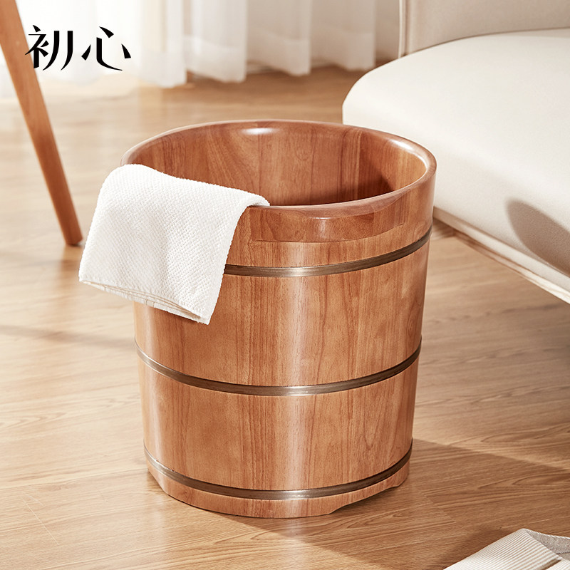 初心木质足浴桶木桶家用40CM过小腿泡脚桶按摩高深加厚带盖洗脚盆