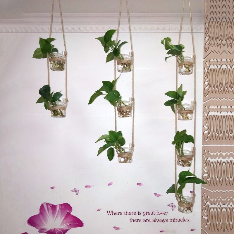 diy创意悬挂麻绳小房子花瓶水培绿萝透明玻璃花插室内装饰吊挂件