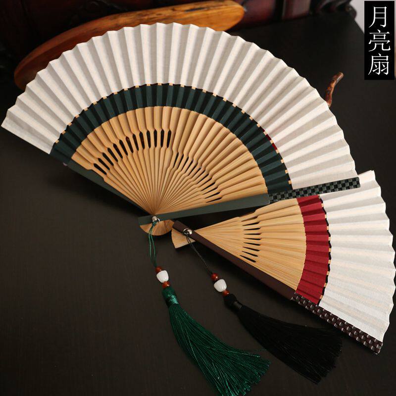 月亮扇高档7寸女扇男扇复古风折扇棉麻双节布扇夏季日用扇礼品扇