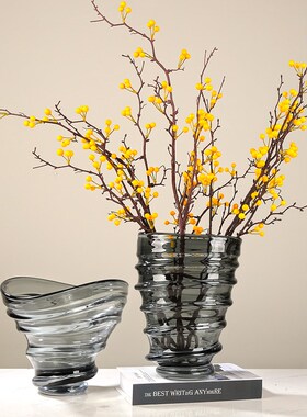 烟灰色螺纹琉璃花瓶可水培插花花器摆件客厅酒店大厅样板间售楼处