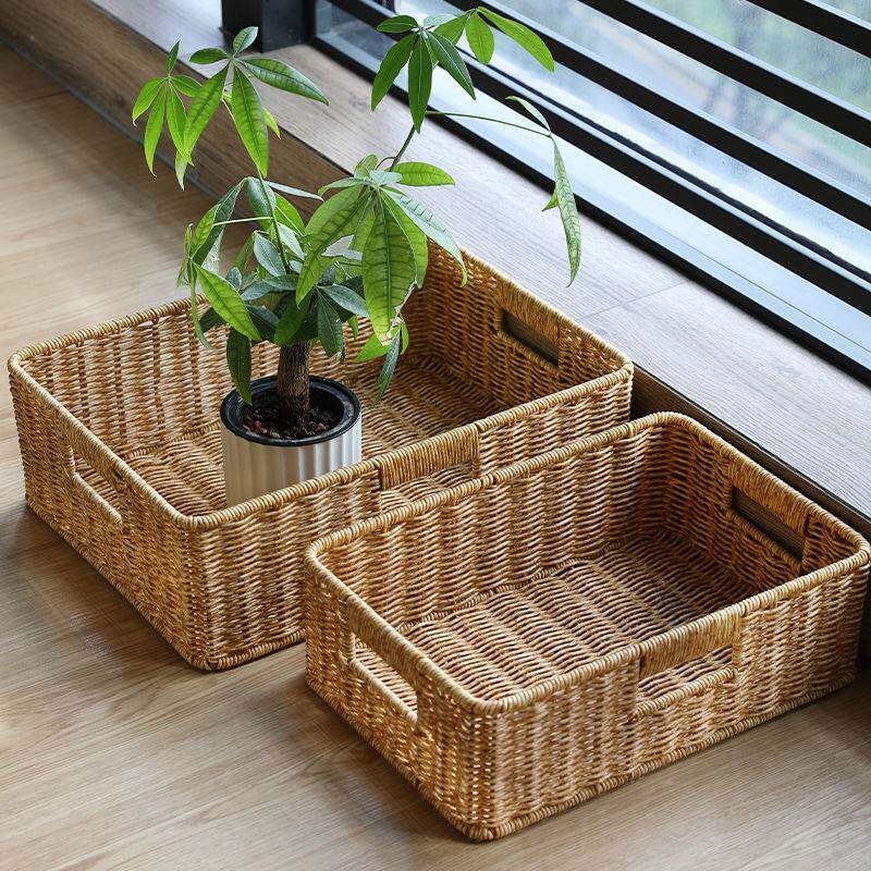 闲储仿藤编茶理vV9rUbnO几收纳筐客厅电视筐柜抽屉整篮面零食收纳