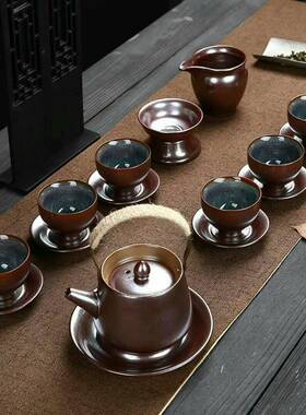 17头红黑铜釉陶瓷茶具高定端大气上档l茶ogo次礼品制92063具大套