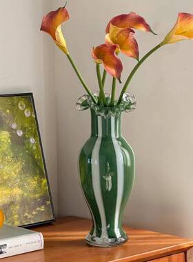 高客感绿色QL1A花级花边玻璃花瓶摆件轻奢复古厅桌面插花装饰器样