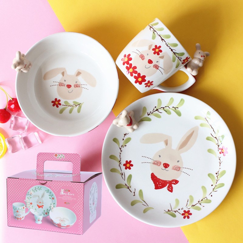卡通儿童陶瓷餐具萌萌兔饭碗盘子水杯子釉下彩创意礼盒装泰国进口