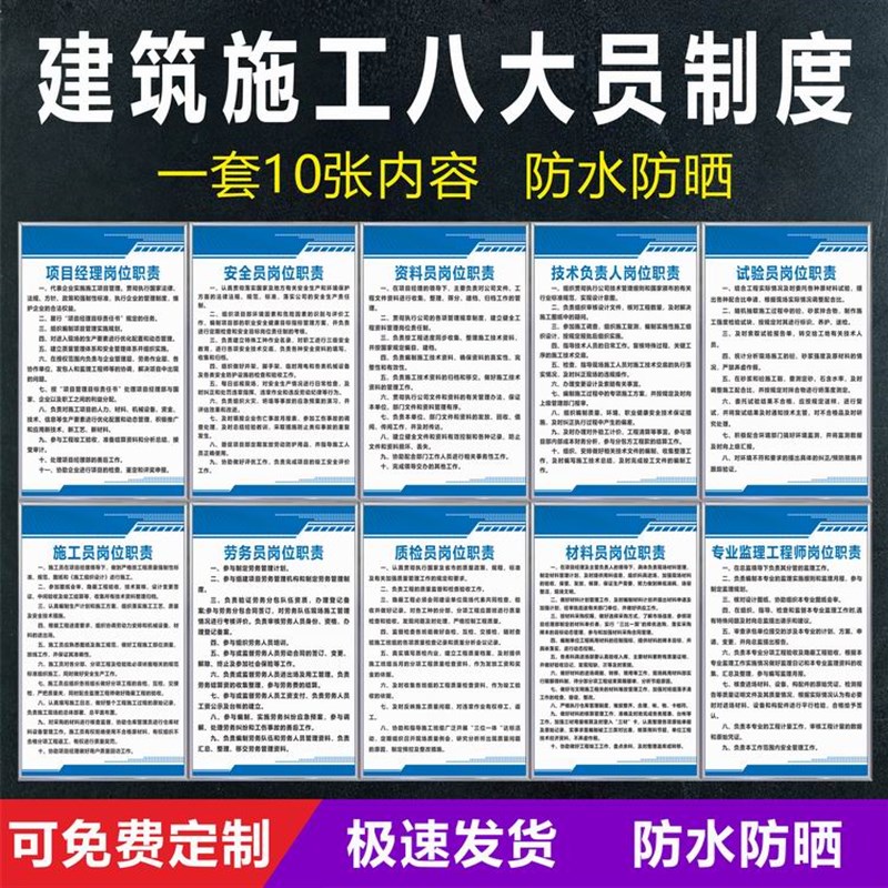 建筑施工八大员岗位职责项目经理材料员资料员制度安全警示牌KT板