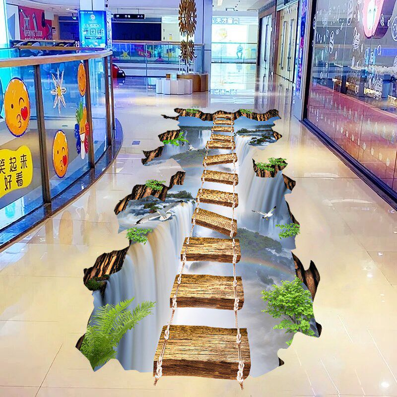 地画蓝天瀑布木桥3d立体墙贴防水地板贴儿童房卧室客厅墙贴纸贴画