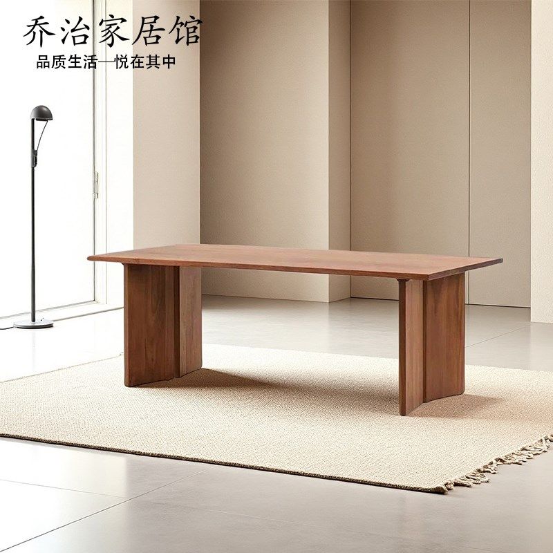 缅甸瓦城柚木餐桌意式极简长方形原木书桌中古风茶桌会议室办公桌