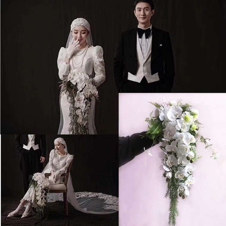 新款影楼婚纱摄影道具手捧花新娘韩式复古拍照仿真手拿花蝴蝶兰