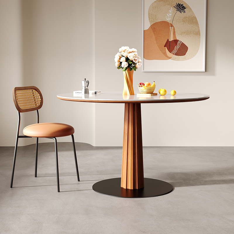 实木岩板餐桌椅组合家用现代简约小户型白蜡木圆形饭桌休闲洽谈桌