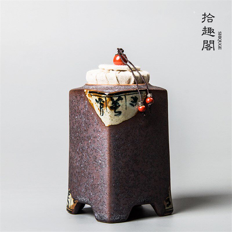 手工粗陶茶叶罐复古手绘陶瓷茶仓家用储茶罐普洱醒茶罐密封存茶罐