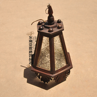 泰国工艺品柚木木雕东南亚风格 饰灯 灯具六边形斜柱吊灯酒店会所装