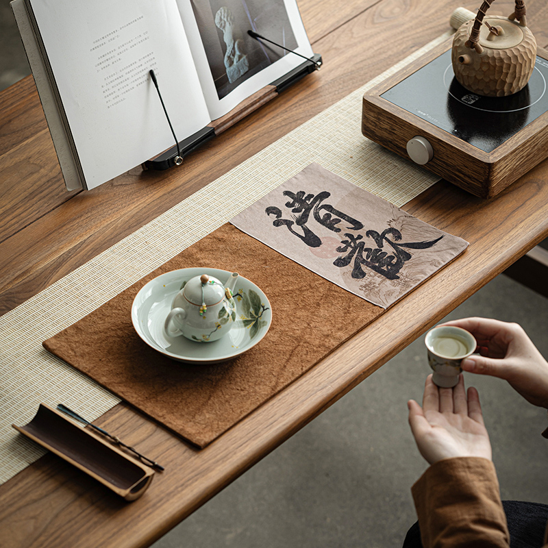 书法拼布茶席草木柿色扎染桌旗干泡垫帆布隔热垫长方茶桌布垫家用