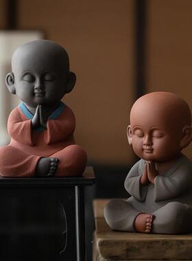 创意紫砂大AWI号禅意家小和尚摆件中饰式陶厅瓷人物居客书房茶桌