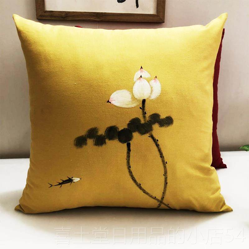 高档式手绘国风抱枕木中式靠垫古风枕新中禅靠意布艺红沙发禅椅腰