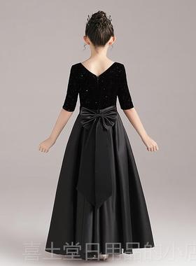 高档女童黑色V领钢琴服演出服主公裙儿童管弦中乐团礼袖缎面舞台