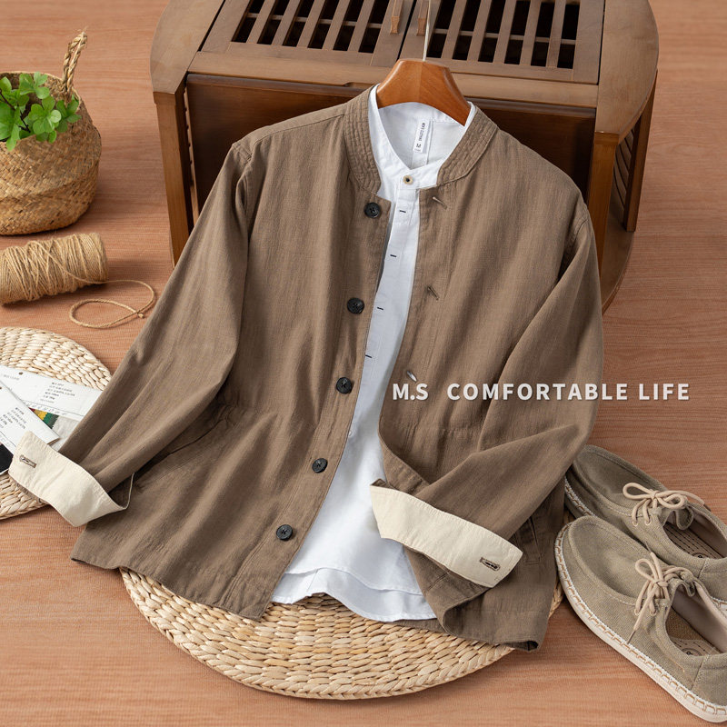 麻尚生活苎麻长袖衬衫男士秋季新款宽松显瘦休闲棉麻衬衣外套上衣
