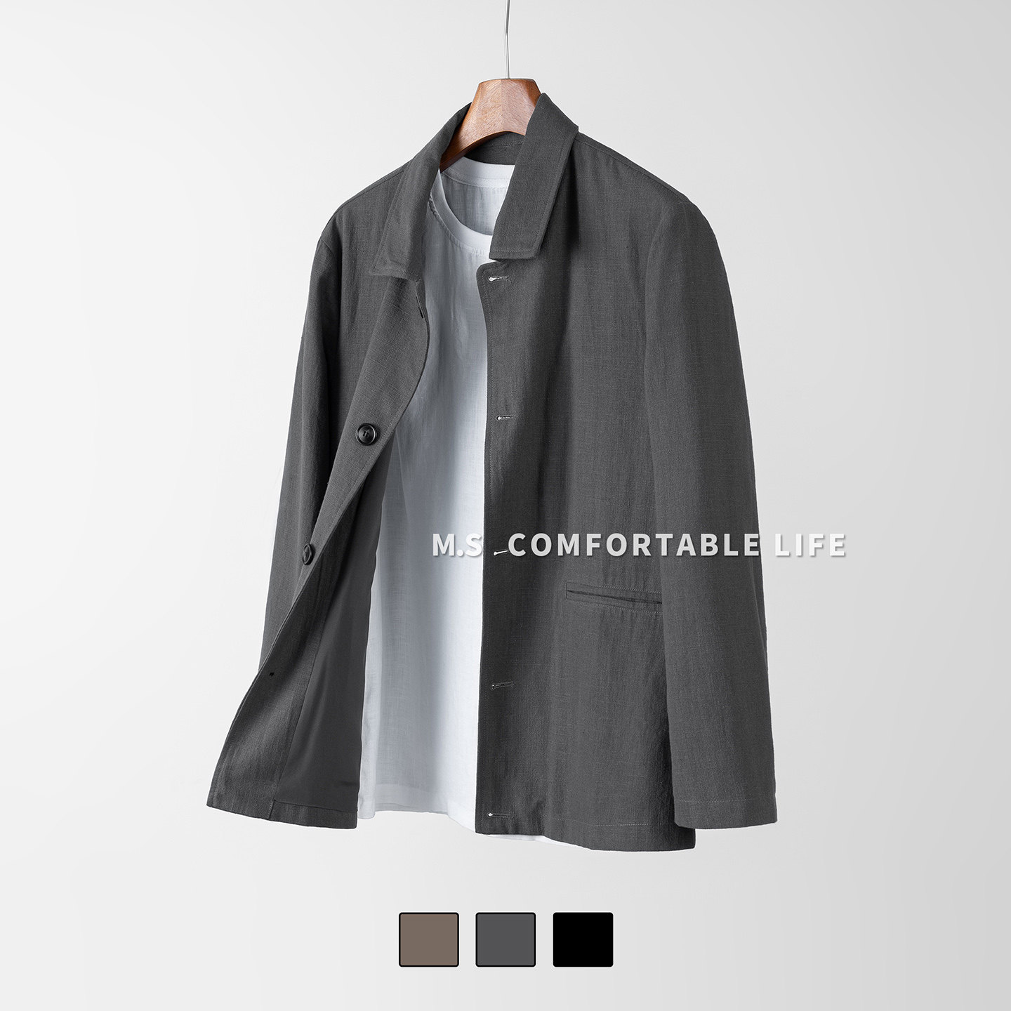 麻尚生活棉麻休闲翻领男士外套秋季新款宽松简约百搭苎麻夹克上衣