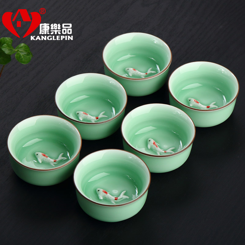 康乐青瓷茶杯工艺小鱼杯彩鲤杯陶瓷茶具功夫茶杯子家用普洱茶品茗