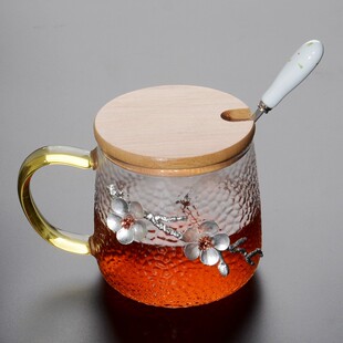 玻璃水杯办公室女带盖耐热茶杯300ml个性贴锡把手杯子高档