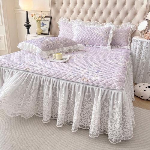 公主风凉感乳胶席床裙款三件套可拆卸蕾丝花边夏季冰丝空调软凉席