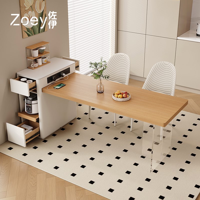 奶油风岛台餐桌一体小户型家用伸缩实木饭桌原木风高级悬浮中岛台