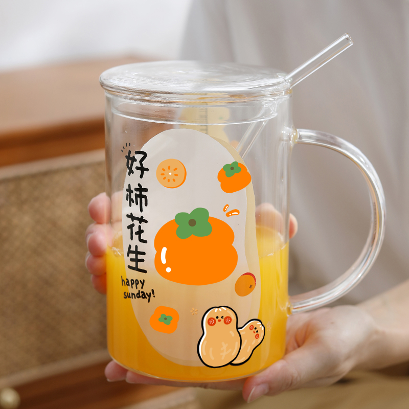 好事发生玻璃杯大容量1000ml耐高温大肚吸管带盖刻度泡茶水杯耐热
