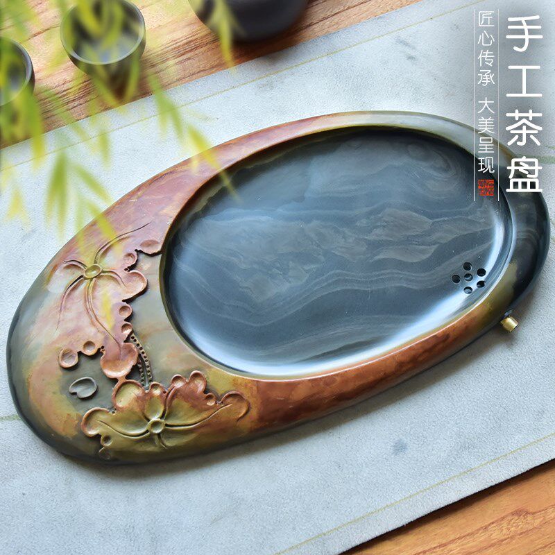 宝斋文房歙砚茶盘天然原石茶海家用石盘功夫茶具端砚电木茶台