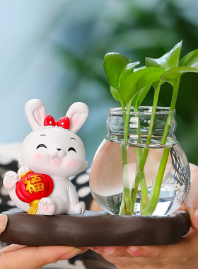 创意家居呆萌解压可爱小白兔桌面绿萝水培器皿办公桌电视柜小摆件