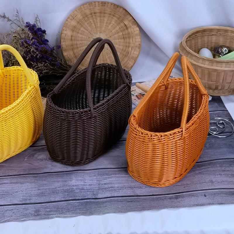 仿藤塑料编织提手方形野餐篮PP仿藤篮购物篮菜篮采摘果篮子果蔬篮