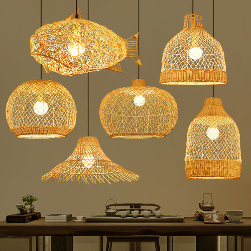 创意复古藤艺吊灯个性餐厅饭店手工藤编灯鱼形茶室竹藤侘寂风灯具