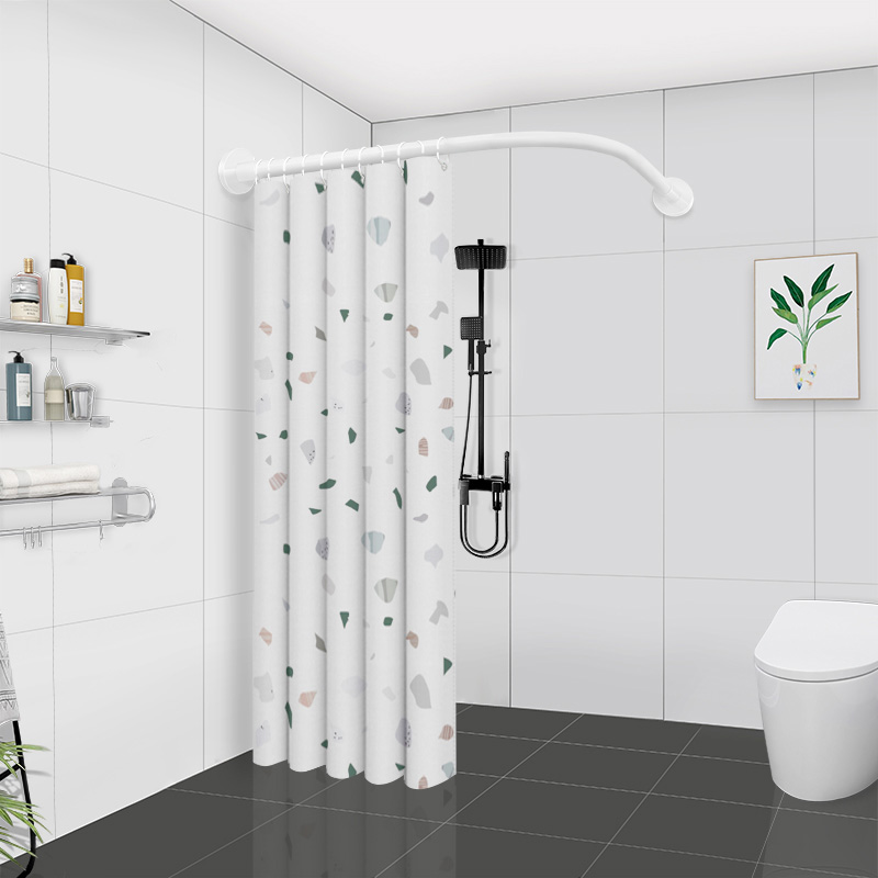 浴帘杆弧形免打孔卫生间干湿套装转角浴室防水布U形L型伸缩白色杆