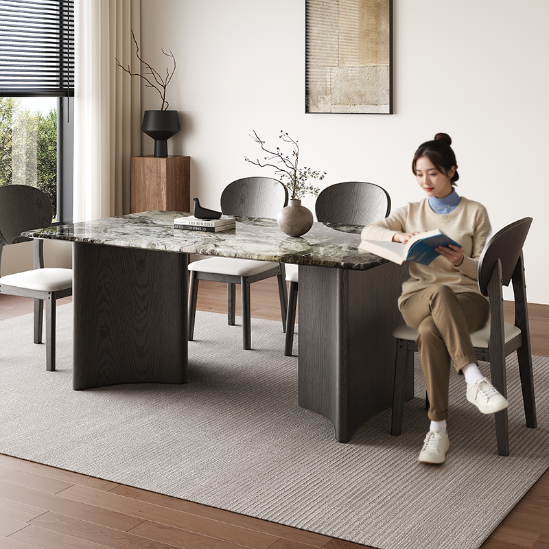 实木岩板餐桌现代简约进口白蜡木实木腿长方形亮光岩板餐桌椅