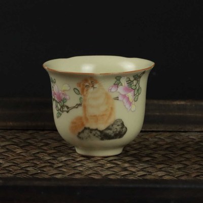 汝窑主人杯斗笠杯米黄釉上粉彩开片高端品茗杯陶瓷功夫茶杯单杯