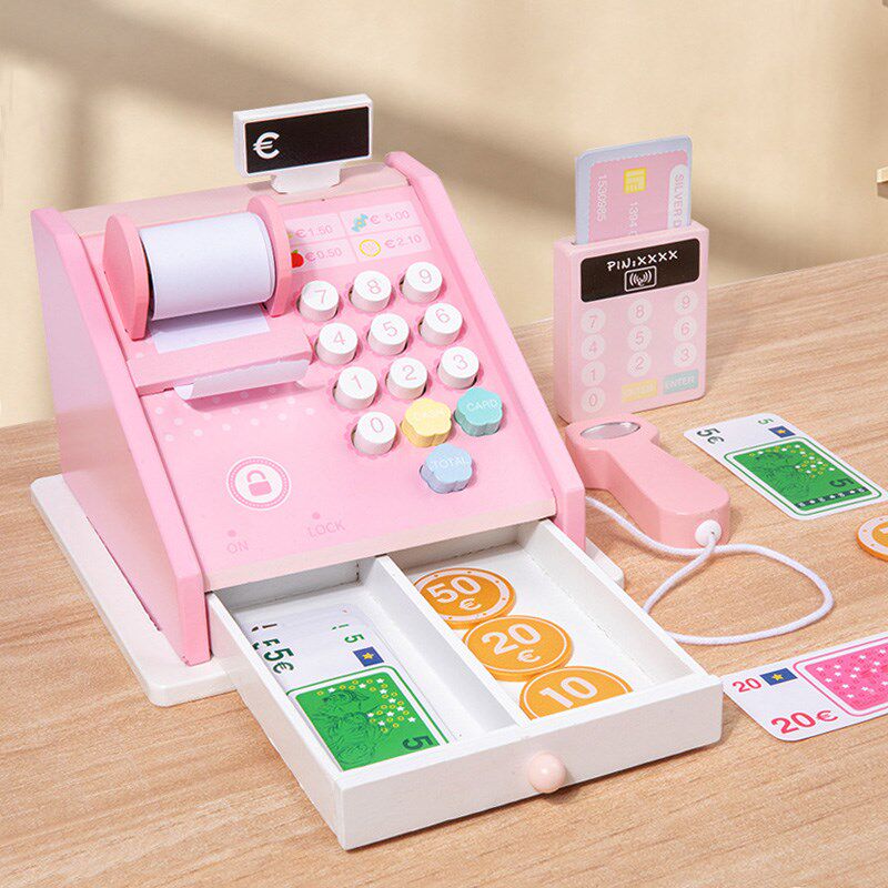 木制仿真超市购物收银机儿童数数扫码器贩卖售货收银台过家家玩具