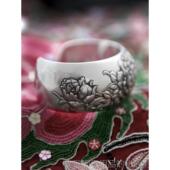 创喜月手工纯银品原设计定制浮复雕古99足纯饰银宽手镯牡丹女 正品