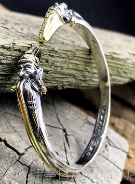 高档男款霸气黑白无口常开手镯S925纯七爷一见银生财爷天下太八平