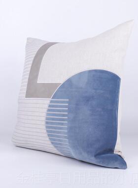 高档抱FE灰蓝色I贴布刺绣方枕现代简美式样板房间客约厅沙发枕靠
