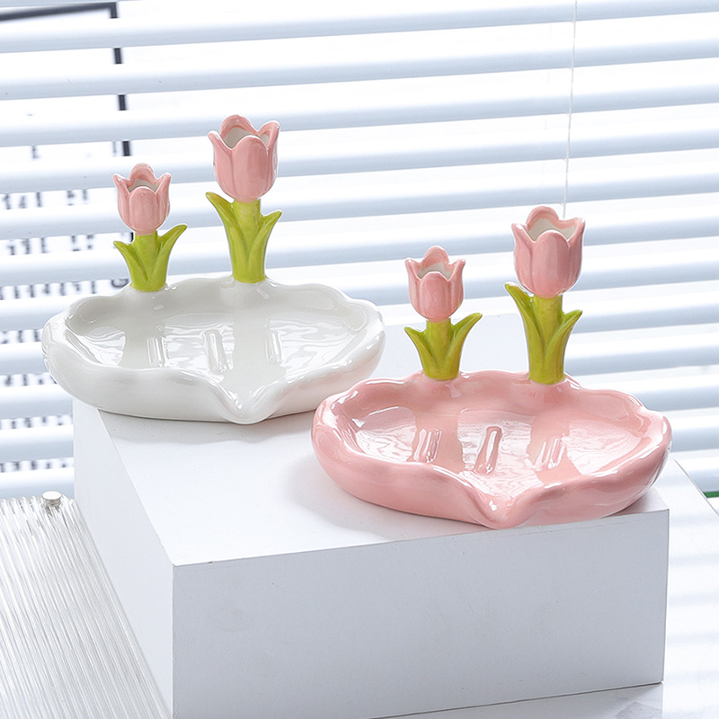 家居创意花朵陶瓷肥皂盒免打孔沥水家用香皂碟导流排水洗手台置物