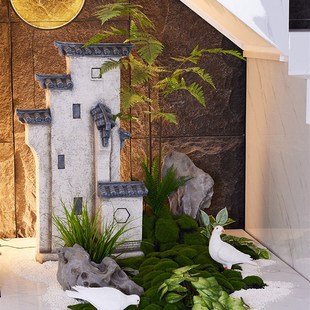 室内楼梯底下造景彷真绿植中式茶室装饰摆件太湖石彷古墙旱景景观